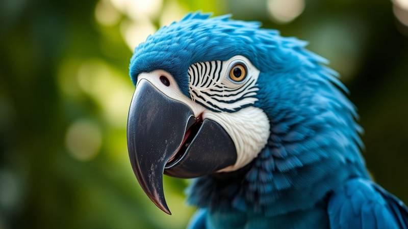 Détail de la tête d'un Ara bleu, montrant les motifs de plumes noires sur sa face blanche.