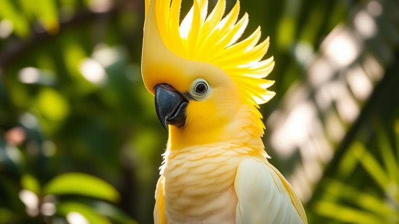 Un Cacatoès à huppe jaune avec sa crête spectaculaire entièrement relevée.