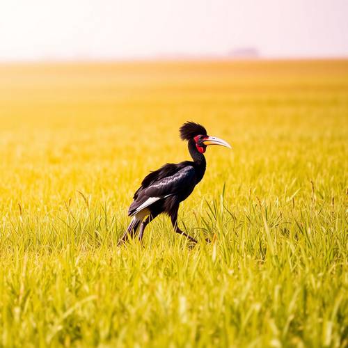Un Calao terrestre marchant dans l'herbe haute.