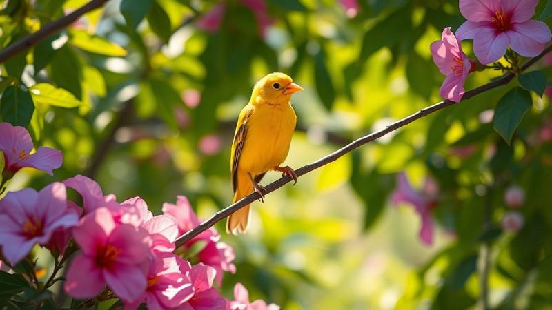 Un canari jaune vif perché sur une branche, symbole des oiseaux de cage.