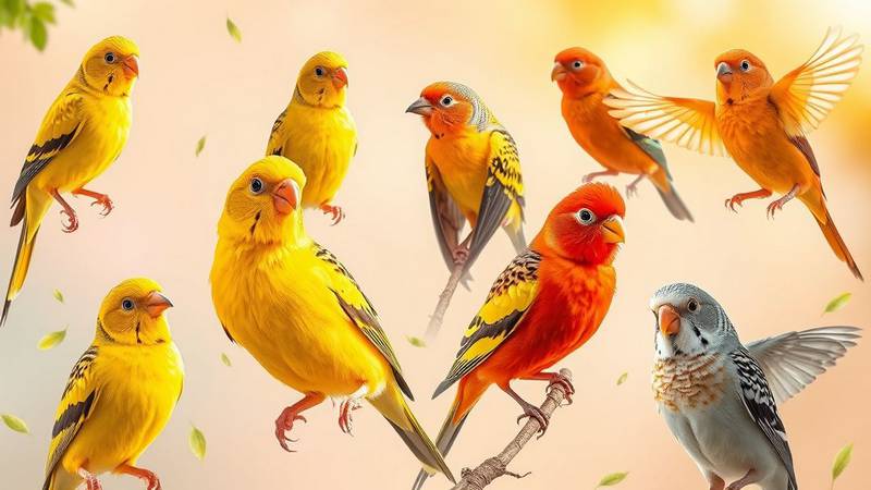 Montage de plusieurs canaris de couleurs différentes : jaune, rouge, et panaché.