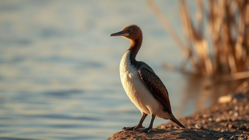 Un cormoran juvénile, reconnaissable à son ventre et sa poitrine blancs contrastant avec son dos brun.