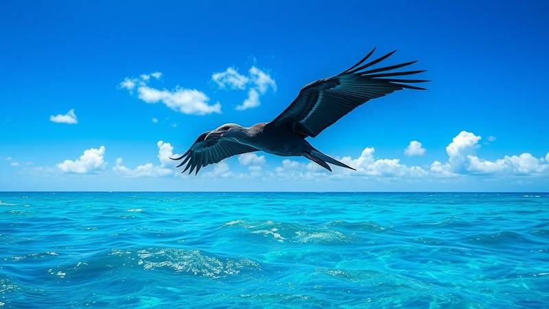 Une Frégate superbe mâle en vol, déployant ses immenses ailes et montrant sa queue fourchue caractéristique.