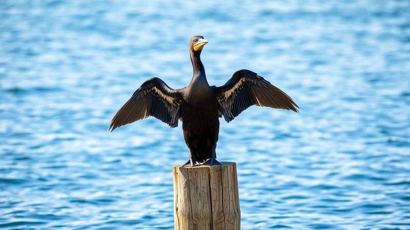 Un cormoran avec ses ailes repliées contre son corps.