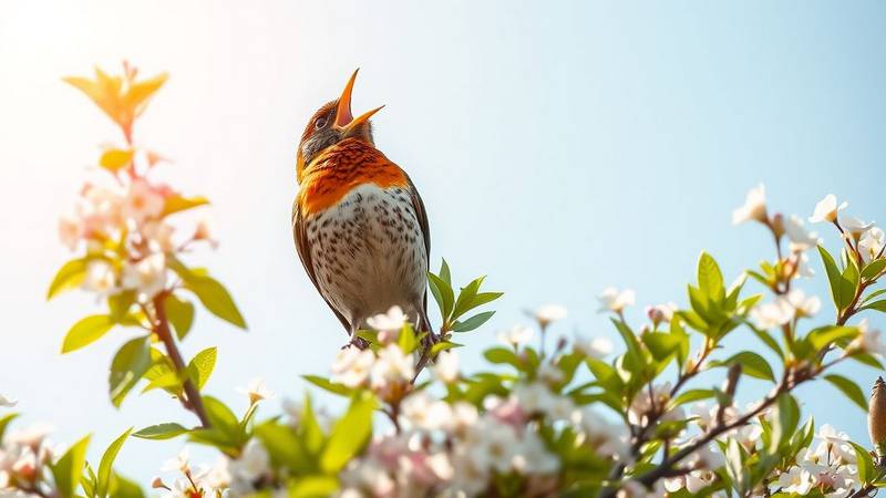 Une Grive musicienne, bec grand ouvert, en train de chanter avec force au sommet d'un arbre au printemps.