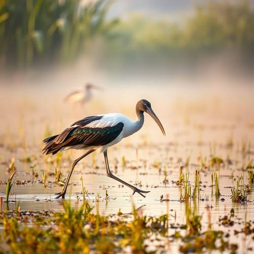 Un Ibis sacré marchant dans une zone humide.