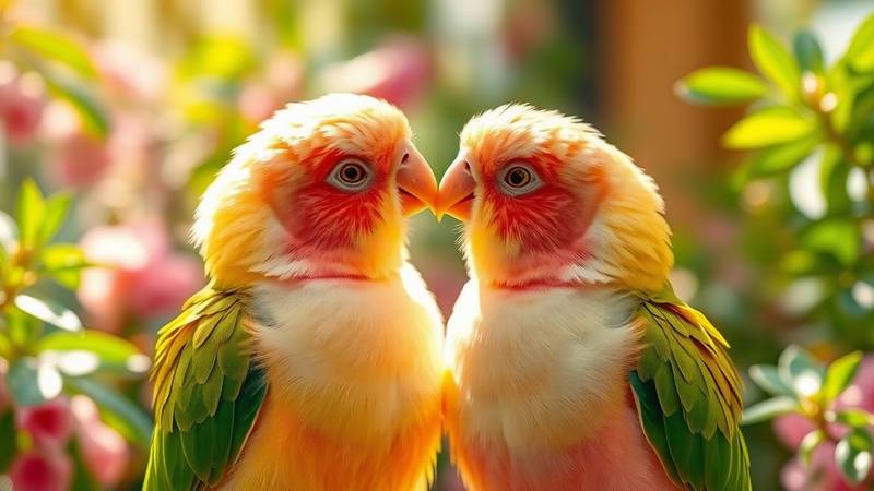 Un couple d'inséparables roseicollis se toilettant mutuellement, symbole de leur lien fort.