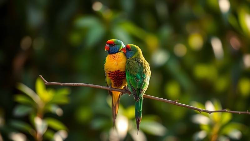 Couple d'Inséparables se tenant côte à côte.