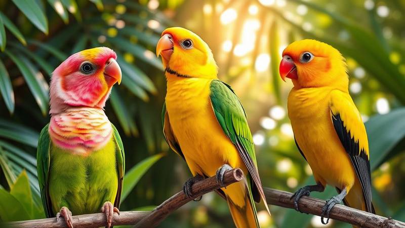 Montage montrant les trois espèces d'inséparables les plus communes : Roseicollis, Fischeri, et Personatus.