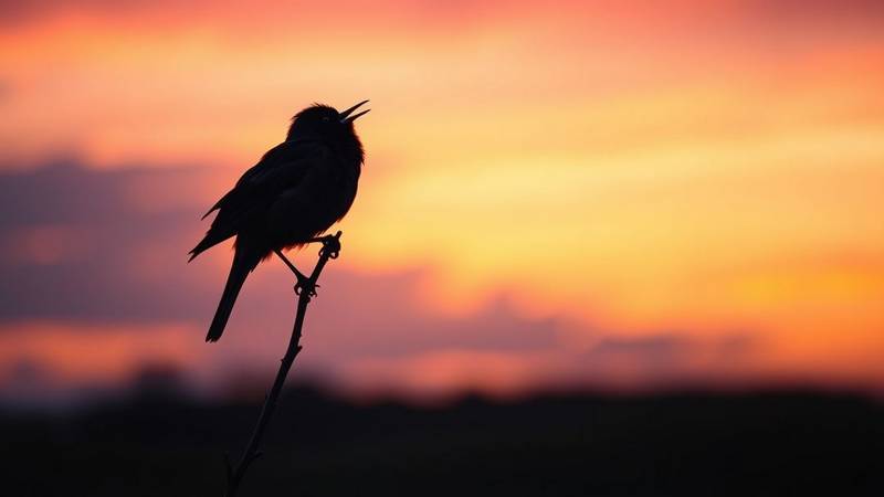 Merle noir mâle chantant à pleine voix depuis un perchoir élevé au crépuscule.