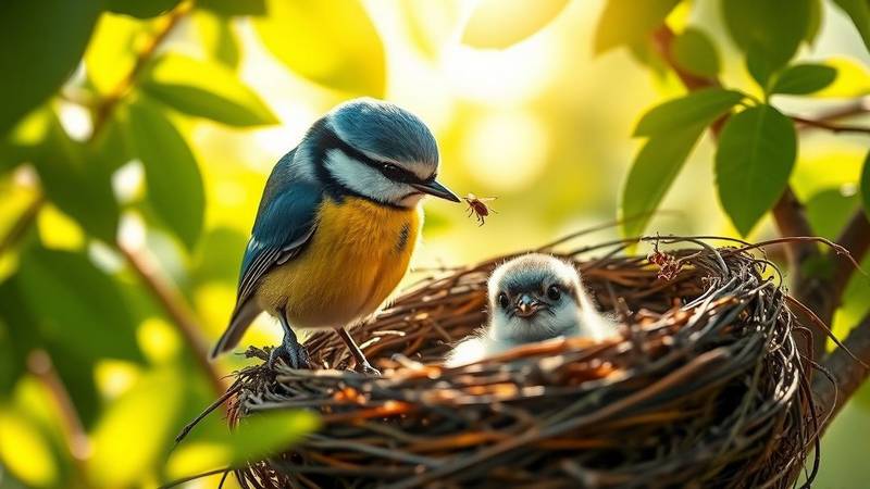 Une Mésange bleue nourrissant une mouche à son oisillon.