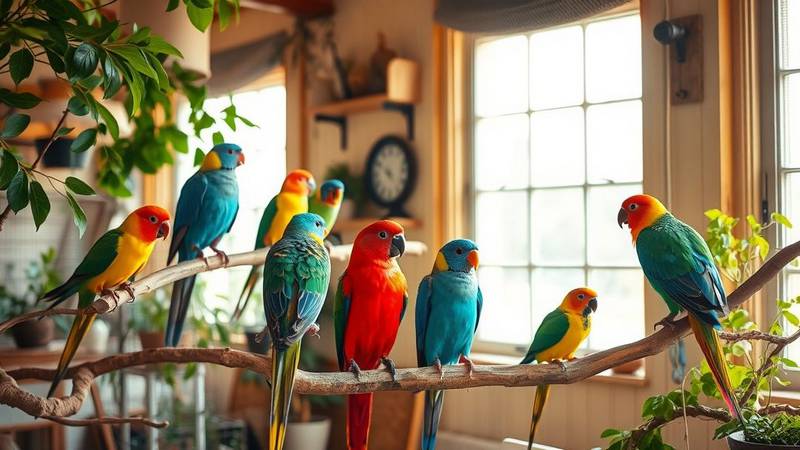 Groupe coloré de perruches et d'une calopsitte sur une branche.
