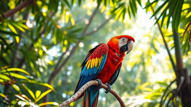 Couple de perroquets aras aux couleurs vives sur une branche.