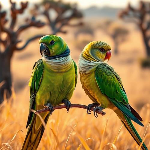Couple de Perruches à collier, le mâle avec son collier noir et rose bien visible et la femelle sans.