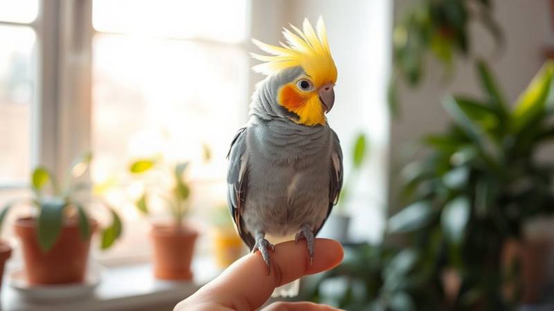 Une Perruche Calopsitte mâle avec sa huppe jaune et ses joues orange vif.