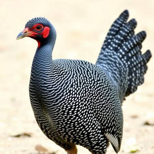 Une pintade domestique au plumage tacheté.