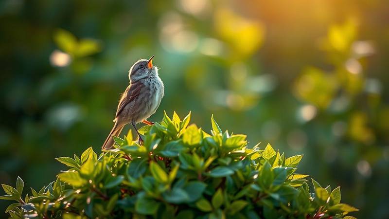 Un Pipit des arbres perché au sommet d'un arbuste, chantant à gorge déployée.