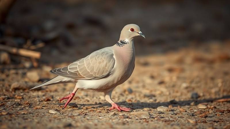 Une tourterelle turque marchant au sol, montrant son plumage uniforme et son demi-collier.