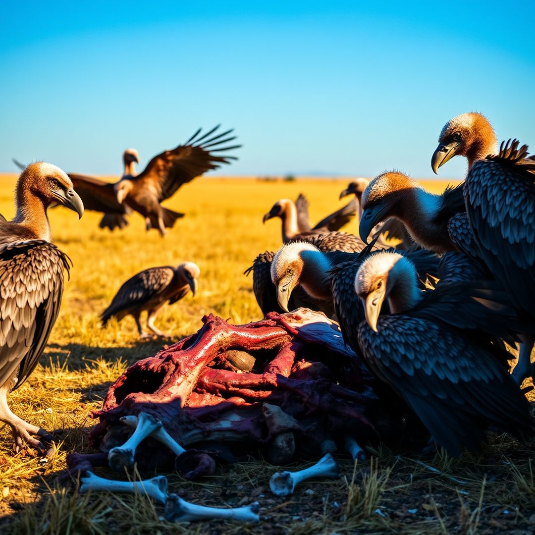 Un groupe de Vautours africains sur une carcasse dans la savane.