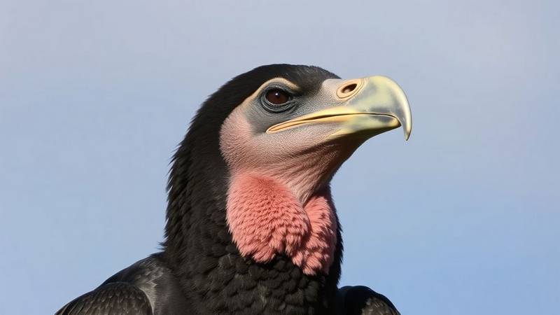 An Andean Condor in flight, highlighting the white patches under its wings and its bare head.