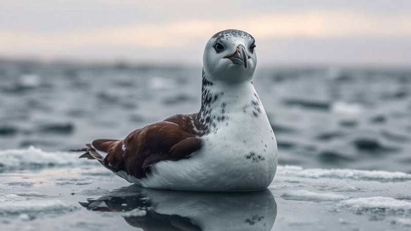 A Black Guillemot in winter plumage, showing its mostly white body and head with grey barring.