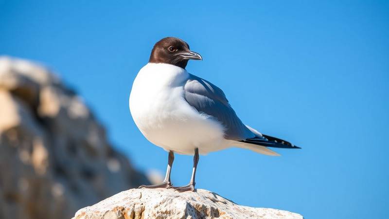 A black-headed gull standing on a wooden pier.