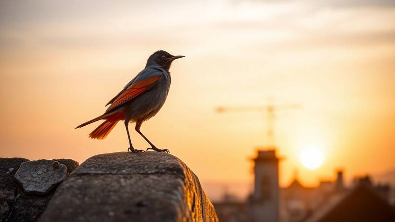 A male Black Redstart perched on a rooftop, its sooty grey body contrasting with its bright orange-red tail.