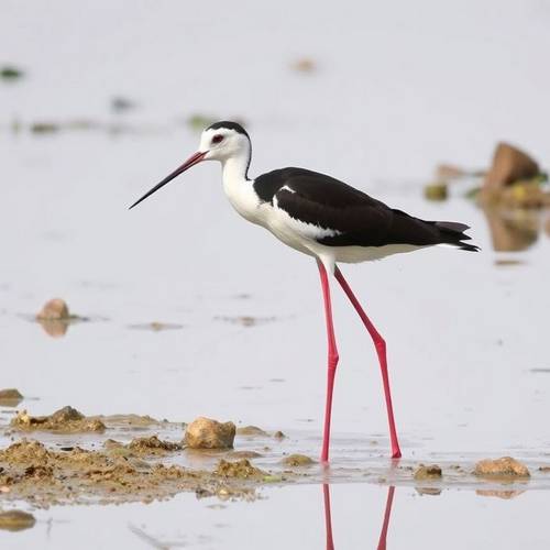 A Black-winged Stilt with its very long red legs.