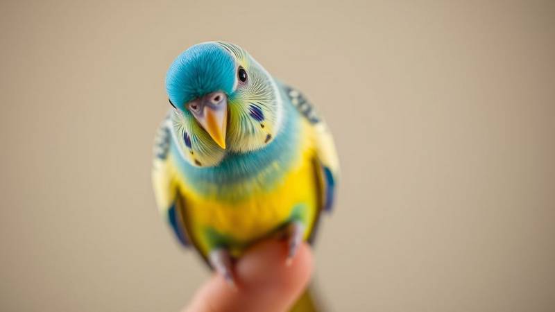 A blue and yellow budgie perched on a finger, looking at the camera.