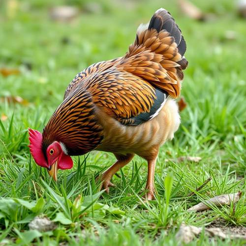 A domestic chicken pecking in the grass.