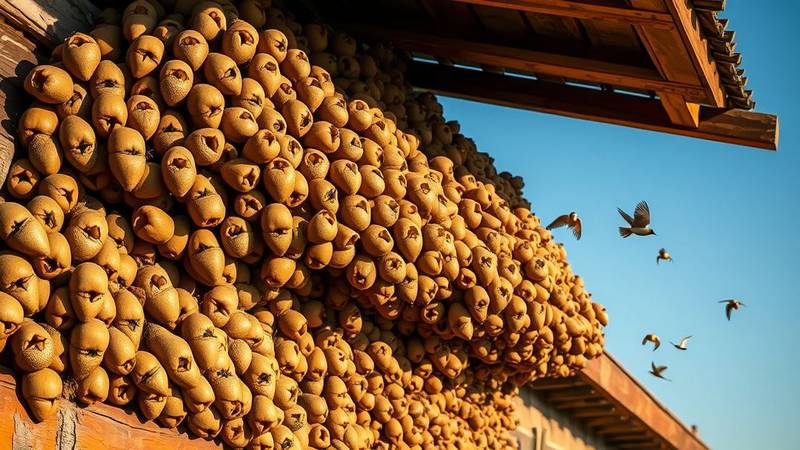 A large colony of gourd-shaped Cliff Swallow nests clustered together under the eaves of a building.