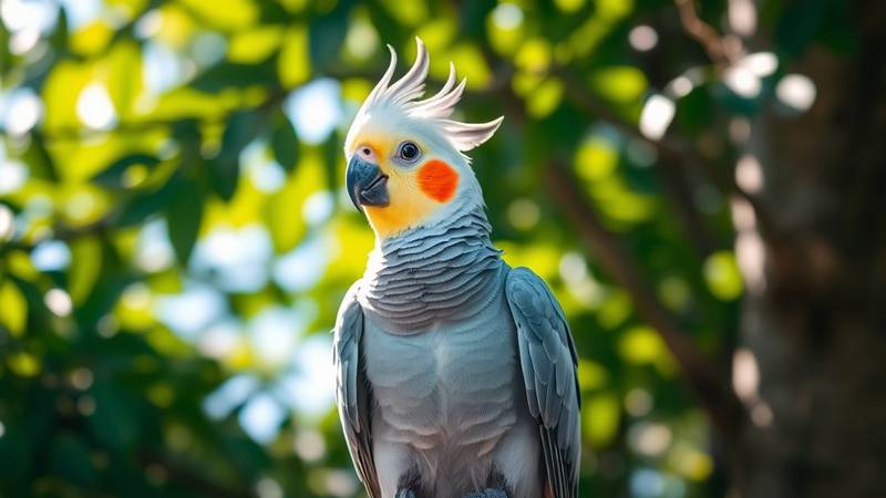 A beautiful grey cockatiel with a yellow face and bright orange cheek patches, its crest raised inquisitively.