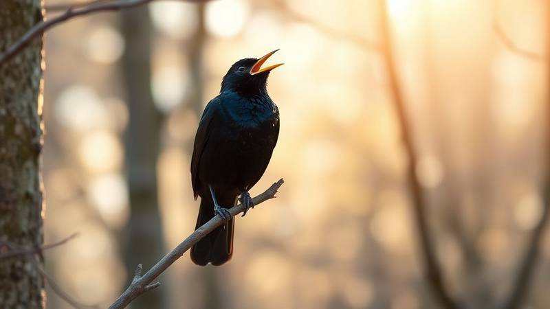 A male Common Blackbird, with glossy black plumage and orange beak, singing on a branch.