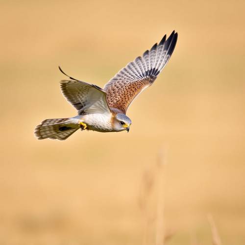 A Common Kestrel hovering over a field.