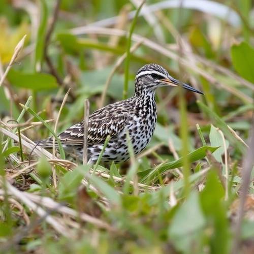 A Common Snipe camouflaged in vegetation.