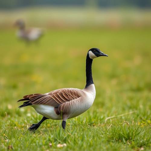 A domestic goose patrolling a meadow.
