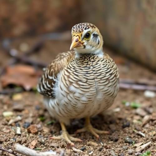A domestic quail in the litter.