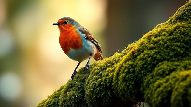 A robin in profile on a mossy branch.