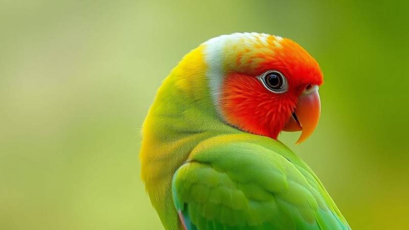 A Fischer's Lovebird with its bright green back and orange-red head.