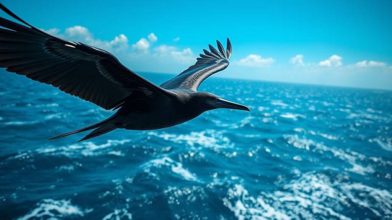 A male Magnificent Frigatebird in flight, displaying its immense wings and characteristic forked tail.