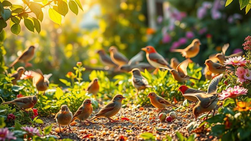 Common birds feeding in a garden.