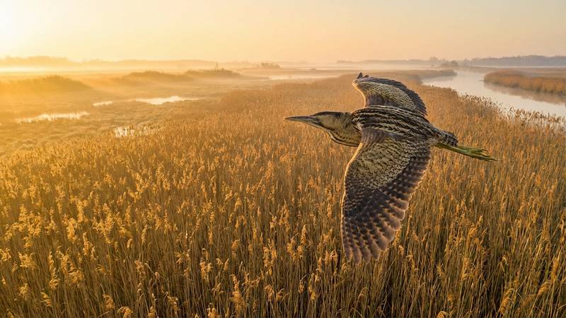 Great Bittern flying over reeds