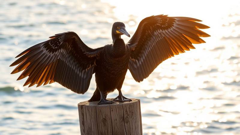 A black cormorant perched on a rock with its wings spread wide.