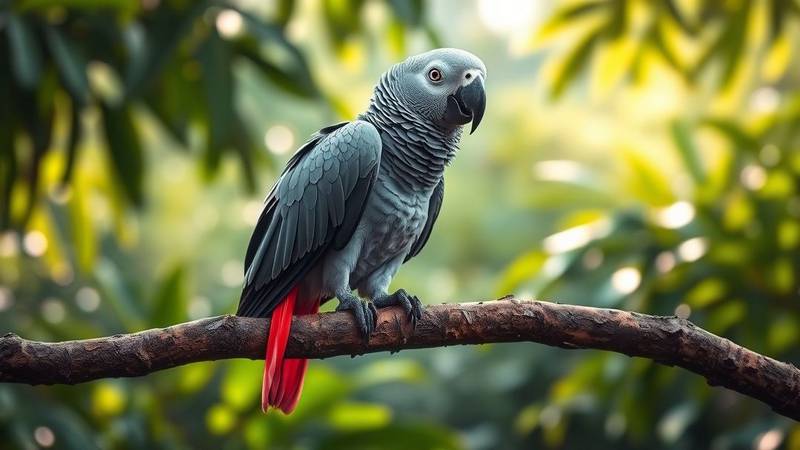 African Grey Parrot on a branch.