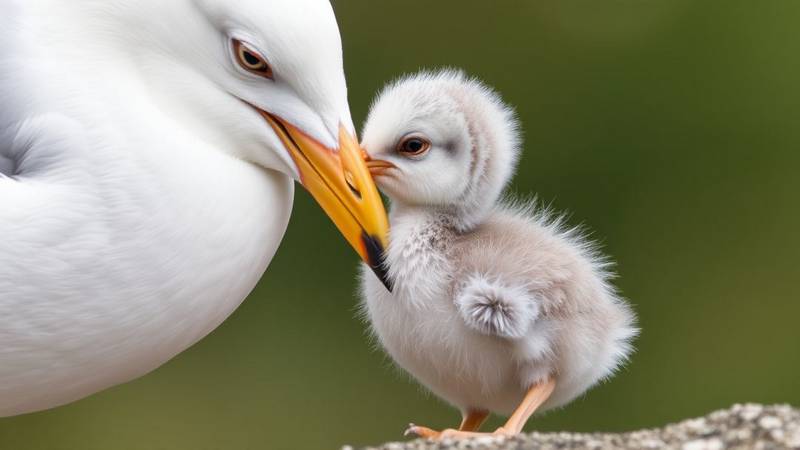 A Herring Gull chick pecks at the red spot on its parent's bill to be fed.
