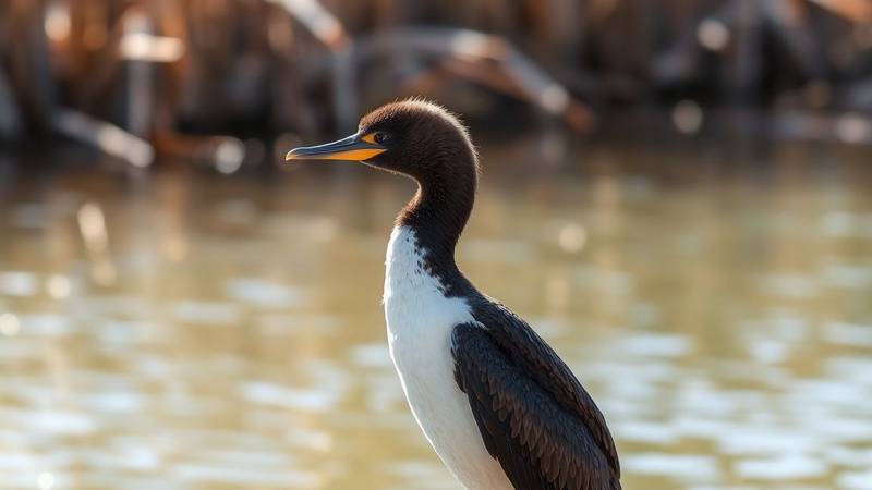A juvenile cormorant, recognizable by its white belly and breast contrasting with its brown back.