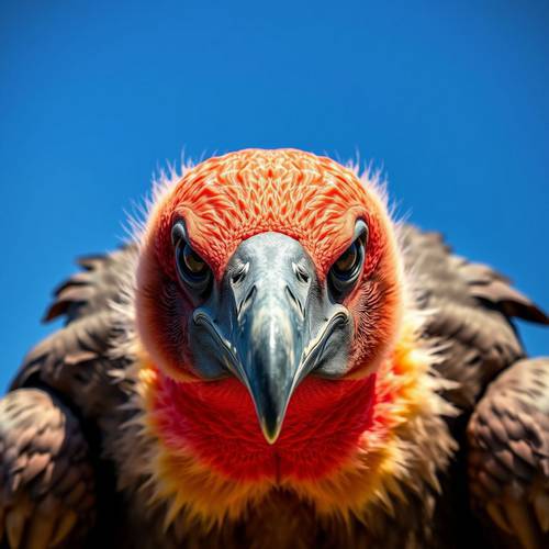 An imposing Lappet-faced Vulture with dark plumage and a red head.