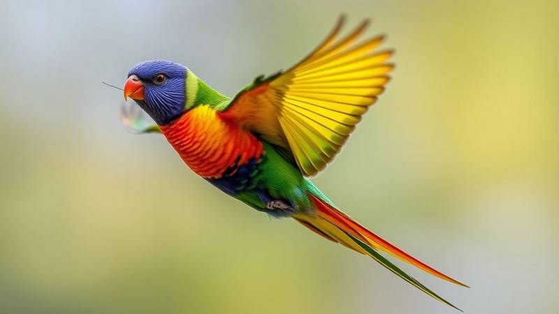 A Rainbow Lorikeet in flight, displaying its yellow wing-bar and colorful underparts.
