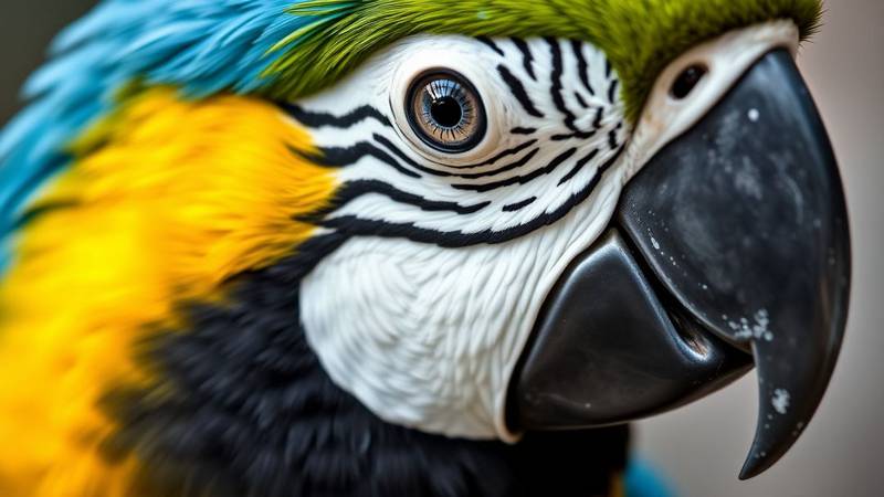 Close-up of a Blue-and-yellow Macaw's head, showing the black feather patterns on its white face.