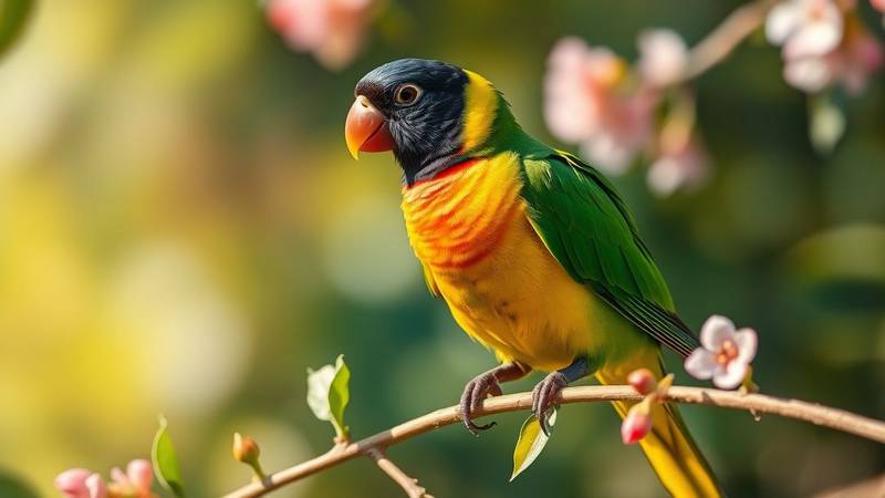A Masked Lovebird showing its distinctive black head, yellow collar, and white eye-ring.